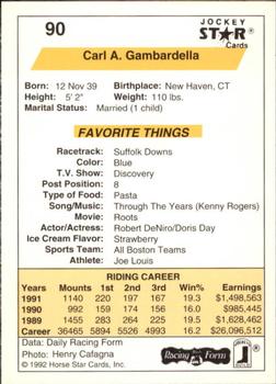 1992 Jockey Star #90 Carl A. Gambardella Back